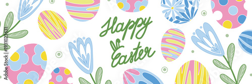 Happy Easter banner with Easter eggs and primula flowers. Decorative Easter eggs in pastel colors with various patterns. Festive vector design for postcards, invitations and advertising