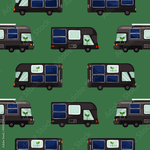 Seamless pattern of eco-friendly camper vans with solar panels on a green background. Sustainable travel, renewable energy, and nature-loving road trip concept.
