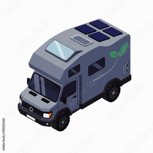 Isometric illustration of a sustainable camper van with solar panels, depicting eco-friendly road trips, green energy, and environmentally conscious travel.