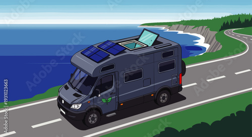 Modern camper van equipped with solar panels traveling on a picturesque coastal highway, embodying sustainable travel and freedom on a road trip adventure.