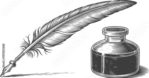 Vintage Quill Pen and Inkwell Illustration Keywords: quill, pen, inkwell, writing, vintage