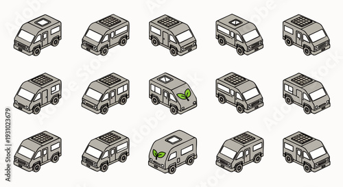 Isometric vector pattern of grey camper vans and eco-friendly motorhomes. Sustainable travel and recreation vehicle concept illustration.