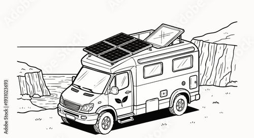 Eco-friendly camper van with solar panels parked by the sea cliffs, illustrating sustainable road trip adventure and green energy travel. Black and white line art.