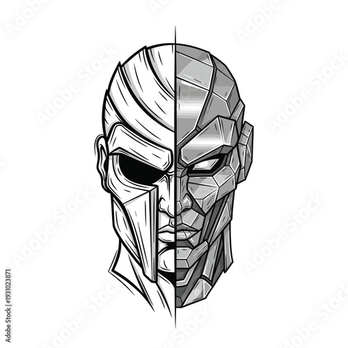 Cybernetic Duality: Stylized Illustration of Human vs. Robot Split Face - Evolution, AI, and Future Technology Concept