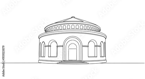 Rotunda Library Single Continuous Line Icon, Circular Building with Arch Entry Ring Roof