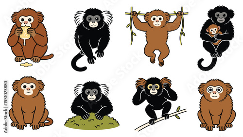 Various primate species depicted in different poses and activities showcasing diverse behavior and interaction in a digital illustration style.