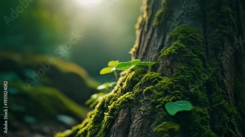 Aerial view small green plants growing on mossy tree trunk in forest, natural light, 4k video footage, cinematic motion clip