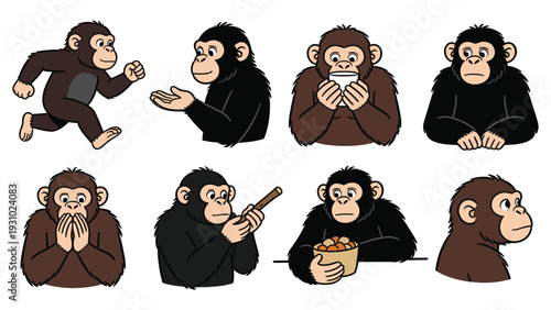 Collection of primate species element pack monkeys in various poses and activities, illustrating different emotions and actions in a simple, cartoon style.