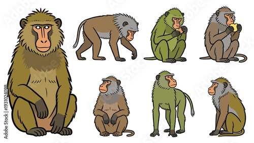 Various primate species engaging in different activities and poses in a neutral environment from multiple viewpoints