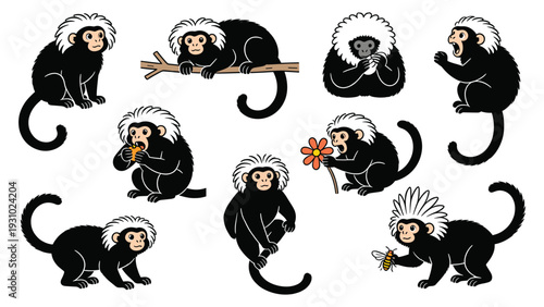 Various primate species in diverse poses and activities, showcasing playful monkey behavior in a graphic illustration.