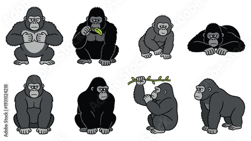 Various primates posing and engaging in different activities in a illustrated scene featuring monkeys and gorillas in diverse poses