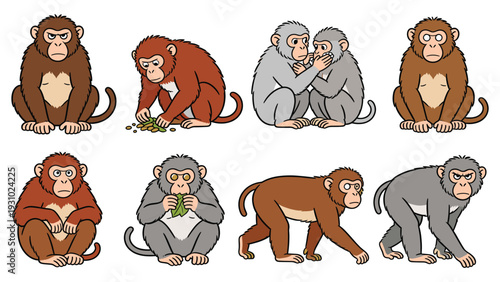 Various primate species engage in different activities and poses in a diverse element pack illustration