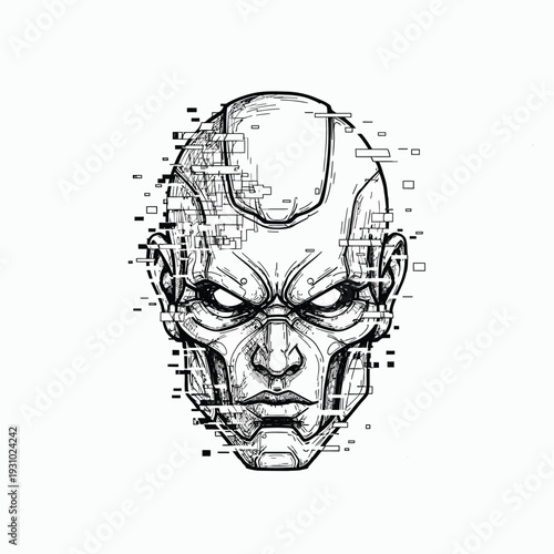 Cybernetic Robot Head with Glitch Effect - Digital Error, AI, and Future Technology Concept
