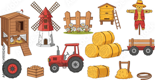 Farm Agriculture Elements Vector Set with Tractor Barn Windmill Hay Bales Beehive Scarecrow and Rural Country Equipment Illustration.