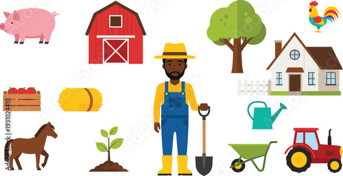 Farmer and Farm Life Vector Set with Barn Tractor Animals Tree Wheelbarrow Watering Can and Rural Agriculture Elements Illustration.