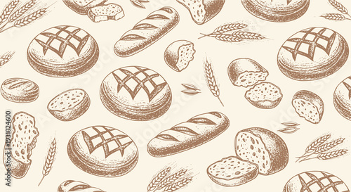 Sourdough Bread Background Pattern Vector Drawing, Hand Drawn Sketch Style Artisan Bakery Illustration, Rustic Vintage Loaf and Wheat Grain Graphic
