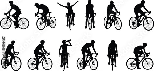 Cyclists Silhouettes in Various Poses on White Background