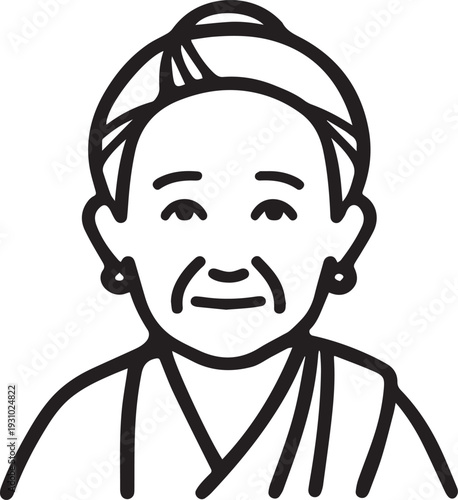 Old Woman Black and White Avatar Illustration in Minimal Line Art Style Design
