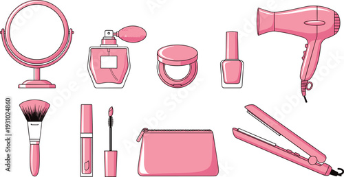 Pink Beauty Salon Tools Vector Set with Hairdryer Mirror Makeup Brush Lipstick Mascara Perfume and Cosmetic Accessories Illustration.