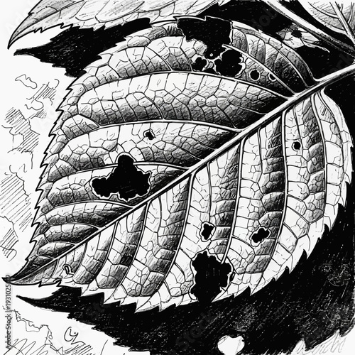 Detailed close-up of a damaged leaf with visible veins and holes.