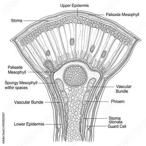 Detailed cross-section of a plant leaf showing internal structures.