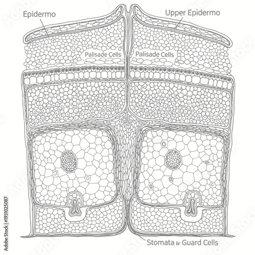 Detailed Cross-Sectional Diagram of a Plant Leaf Structure.