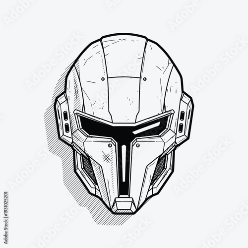 Sci-Fi Warrior Helmet Line Art - Futuristic Cyberpunk Mask Illustration with Distressed Details