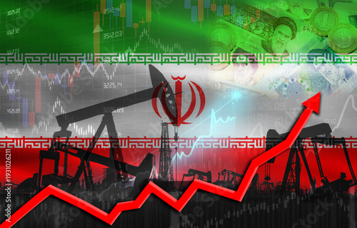 Oil production with Iran flag, petrol industry. Oil pumps with Iran flag