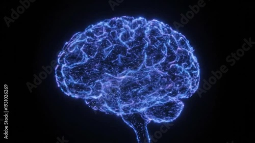 A vivid blue, glowing digital representation of a human brain with intricate neural pathways slowly rotates against a black background.