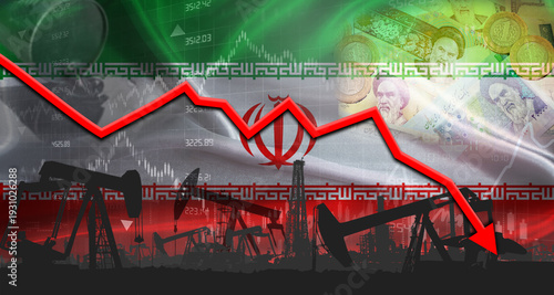 Fall oil price with flag of Iran on economic chart, Petrol crisis with Iranian flag on financial graph