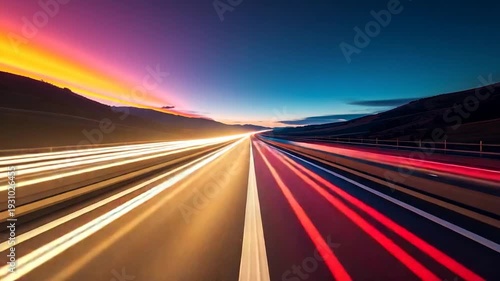 Highway perspective with light trails under a vibrant sunset