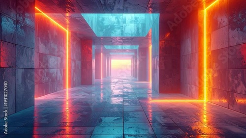 Futuristic hallway with neon lighting, leading to a vibrant sunset