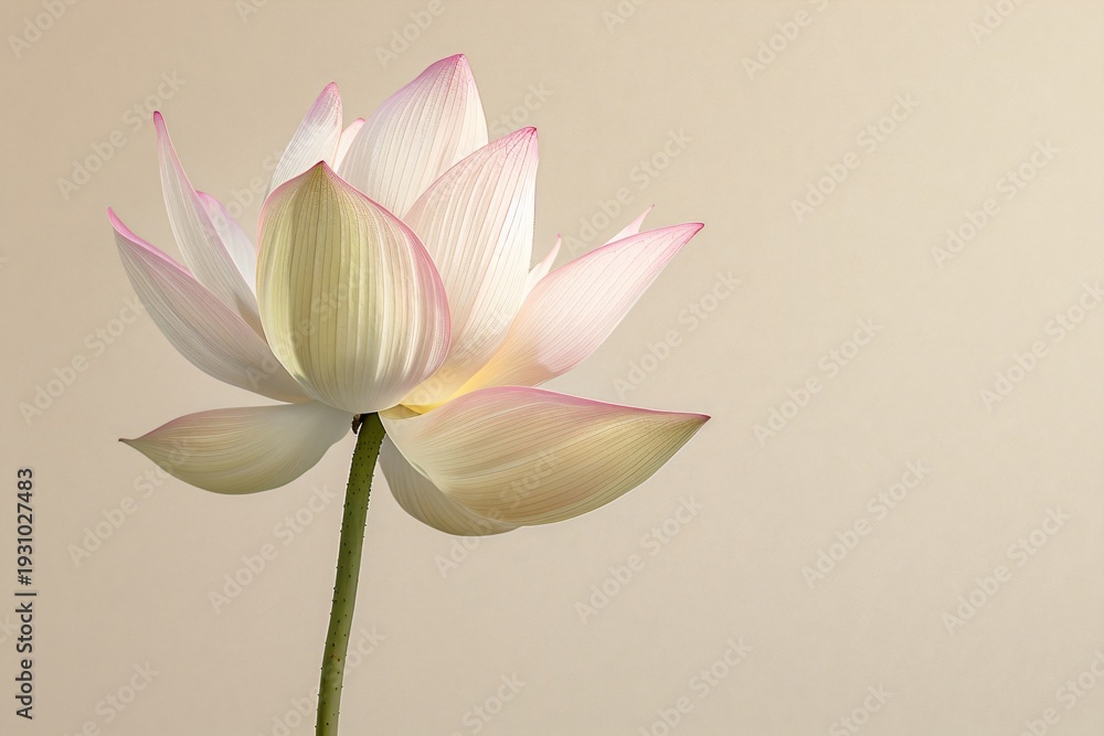 Obraz premium A beautiful pastel pink lotus flower in soft focus against a simple background. Spiritual symbol for meditation and wellness.