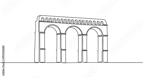 Ancient Aqueduct Single Continuous Line Icon, Three Tall Arches Minimal Deck Outline