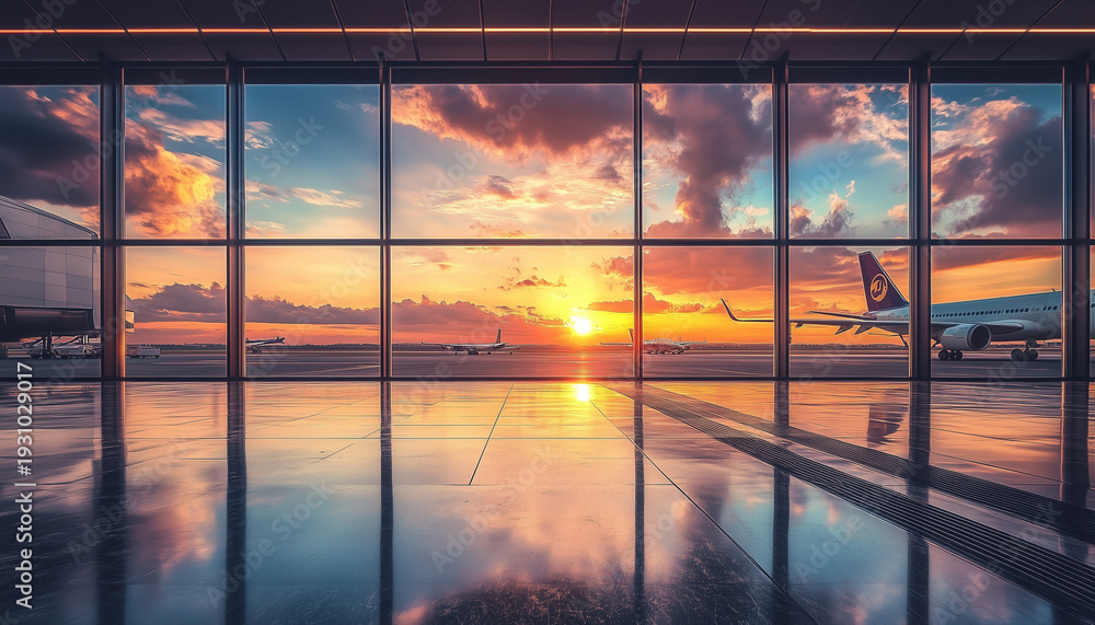 Fototapeta premium Bright Modern International Airport Terminal Interior with Airplanes at Sunset, Panoramic Windows and Vibrant Reflections, Travel Concept Background