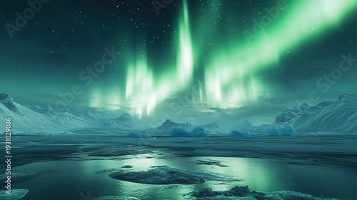 Aurora Borealis Over Frozen Arctic Landscape with Night Sky Reflection