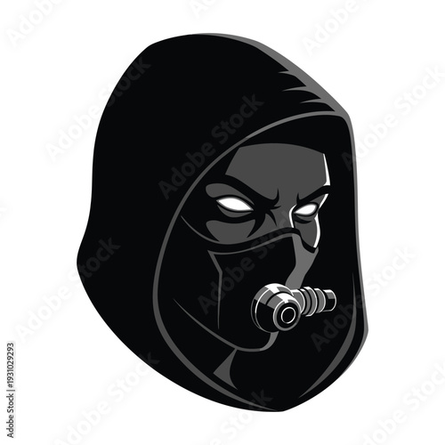 Mysterious Hooded Esport Mascot Logo with Glowing Purple Eyes and Respirator Mask - Gaming, Cyberpunk, Hacker Character Vector Art