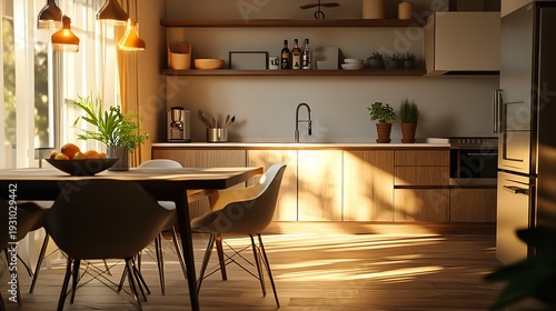 Modern Luxury Kitchen Interior Design with Warm Lighting and Dining Space