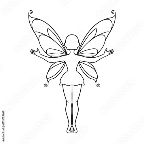 A black and white line drawing of a fairy with large wings and outstretched arms Vector, illustration