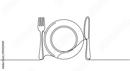 Minimalist Line Art: Plate, Fork, and Knife - Elegant Dining Setup