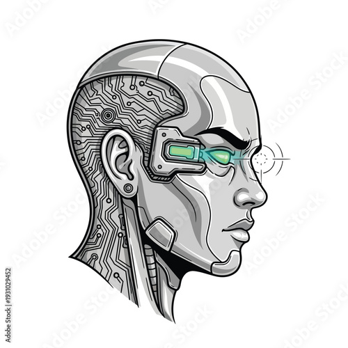 AI Cyborg Head Profile Illustration: Advanced Technology, Bionic Vision, Circuit Board Design - Future Robotics Concept