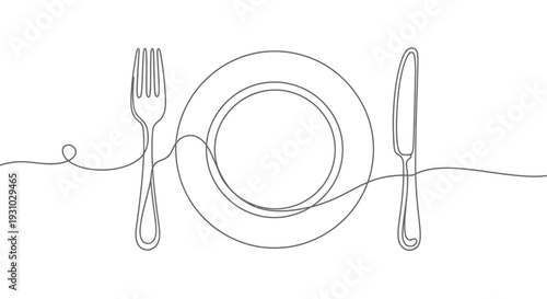 Minimalist Line Art: Plate, Fork, and Knife - Ready for a Meal