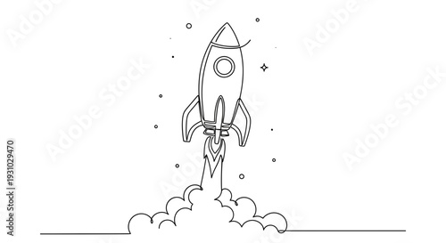 Minimalist Line Art Rocket Launching into Space with Stars and Clouds