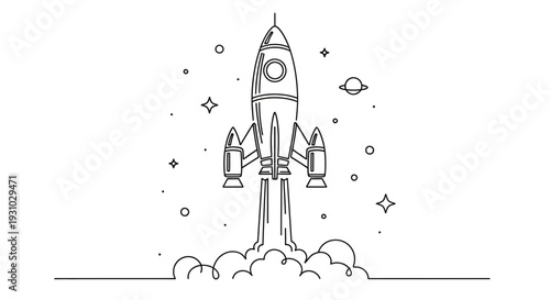 Minimalist Line Art Rocket Launching into Space with Stars and Planets