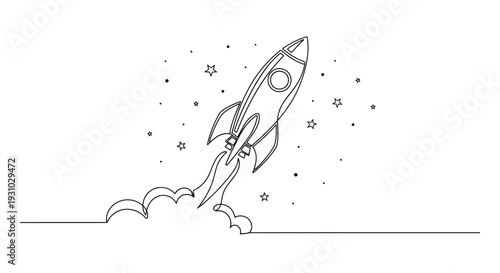 Minimalist Line Art Rocket Launching into Starry Space