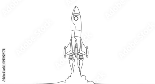 Minimalist Line Art Rocket Launching with Smoke Trail