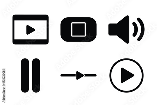Media player icon set, collection of simple black icons for multimedia controls like play, pause, stop, sound, and fast forward. Vector