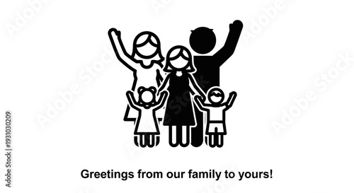 Happy Family Icon Waving Hands Greeting - Parents and Children Stick Figures