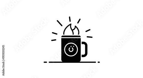 Hot Coffee Mug with Flame Icon and Smiley Face - Morning Energy Boost