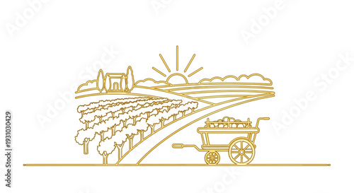 Golden vineyard landscape at sunset with harvest cart and distant chateau
